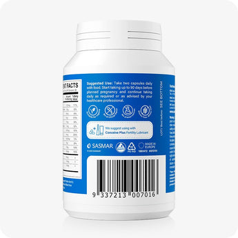 Conceive Plus Men's Fertility Support back label view displaying dosage instructions, usage recommendations, certification icons, barcode, and a cross-promotion note for use with Conceive Plus Fertility Lubricant—all printed on a sleek blue label with white detailing.
