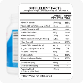 Conceive Plus Men's Fertility Support nutrition label showing detailed supplement facts per serving of two capsules, including high-potency vitamins, minerals, and a proprietary blend with Maca root, green tea extract, and L-Arginine; all values presented in a clean, readable black-and-white chart format.