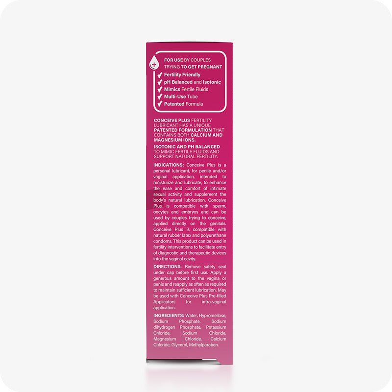 Conceive Plus Fertility Lubricant (1fl.oz/30ml Tube) side packaging view showing detailed product description, usage directions, ingredients list, and fertility-friendly claims including pH balance and patented formula.