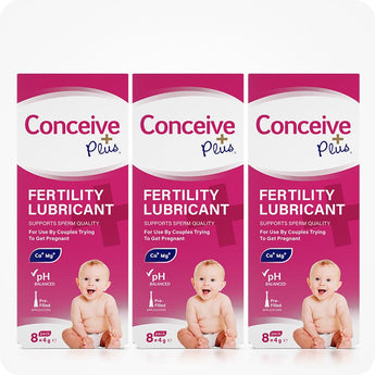 Conceive Plus Fertility Lubricant (8x4g Pre-filled Applicators) triple pack display with three identical product boxes in a row, each featuring pink branding, a baby image, and highlighted benefits like pH balance and sperm quality support, promoting a bulk-buy option for extended use.
