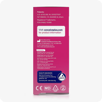 Conceive Plus Fertility Lubricant (8x4g Pre-filled Applicators) back panel of product box showing patent numbers, manufacturer and distributor contact details, official website link, and a blue quality assurance badge with CE and FDA symbols on a pink gradient background.