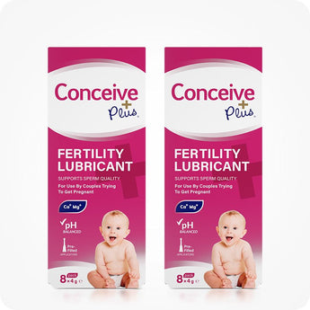 Conceive Plus Fertility Lubricant (8x4g Pre-filled Applicators) twin pack display featuring two identical pink-and-white boxes side by side, each showing baby image, product claims like pH balanced and Ca²⁺/Mg²⁺ ions, emphasizing a bundled value option for couples trying to conceive.