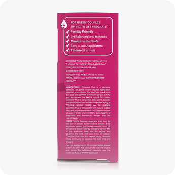 Conceive Plus Fertility Lubricant (8x4g Pre-filled Applicators) side panel view of product box displaying key benefits such as pH balance, fertility-friendly formula, and patented ingredients, with detailed usage directions and product indications written in white text on a pink background.