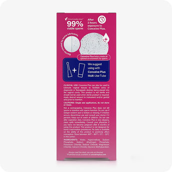 Conceive Plus Fertility Lubricant (8x4g Pre-filled Applicators) box side featuring clinical study results showing 99% viable sperm after use, a comparison image of sperm mobility, product pairing suggestion with multi-use tube, and detailed clinical use, cautions, and ingredients listed on a pink background.