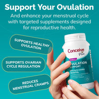 Supplement bottle labeled 'Conceive' held by a hand with promotional text on a teal background