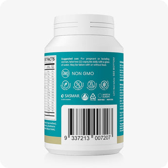 Conceive Plus Prenatal with DHA bottle rear label featuring suggested use instructions for pregnant and lactating women, non-GMO and allergen-free icons, SASMAR branding, and a visible product barcode, all printed on a teal background with clean layout.