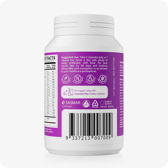 For Conceive Plus Women's Fertility Support and Fertility Lubricant Bundle, featuring back view of fertility supplement bottle, highlighting usage instructions, daily dosage guidance, barcode, quality icons, and a recommendation to pair with Conceive Plus Fertility Lubricant—displayed on a vivid purple label.